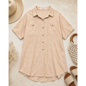 Bsubseach Women’s XXL Beige Textured Floral Button Front Shirt Dress Tunic